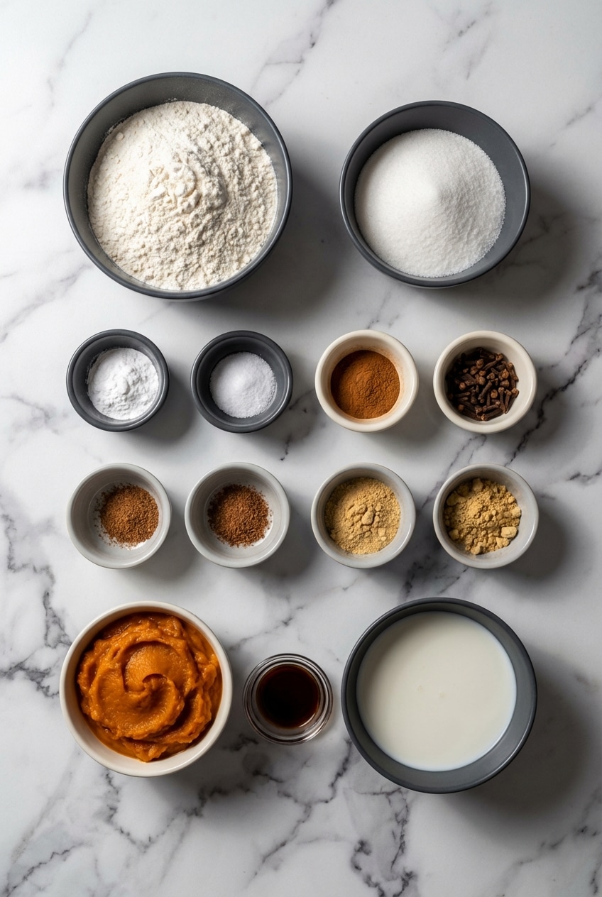 Flat lay of pumpkin mug cake ingredients including pumpkin puree, cinnamon, brown sugar, and golden browned butter.