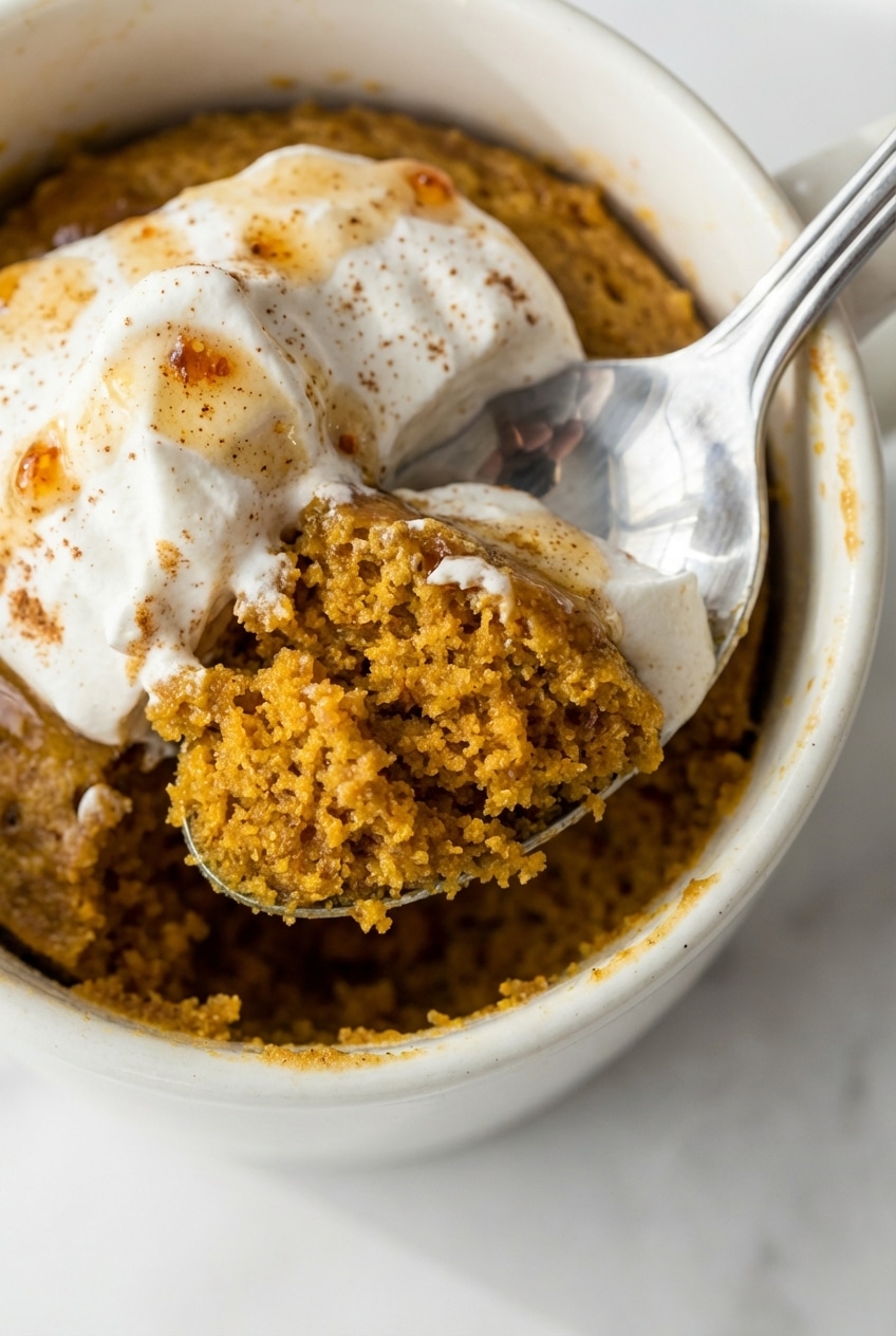 Close-up of the tender, fluffy crumb of a pumpkin mug cake showing its moist and airy texture.