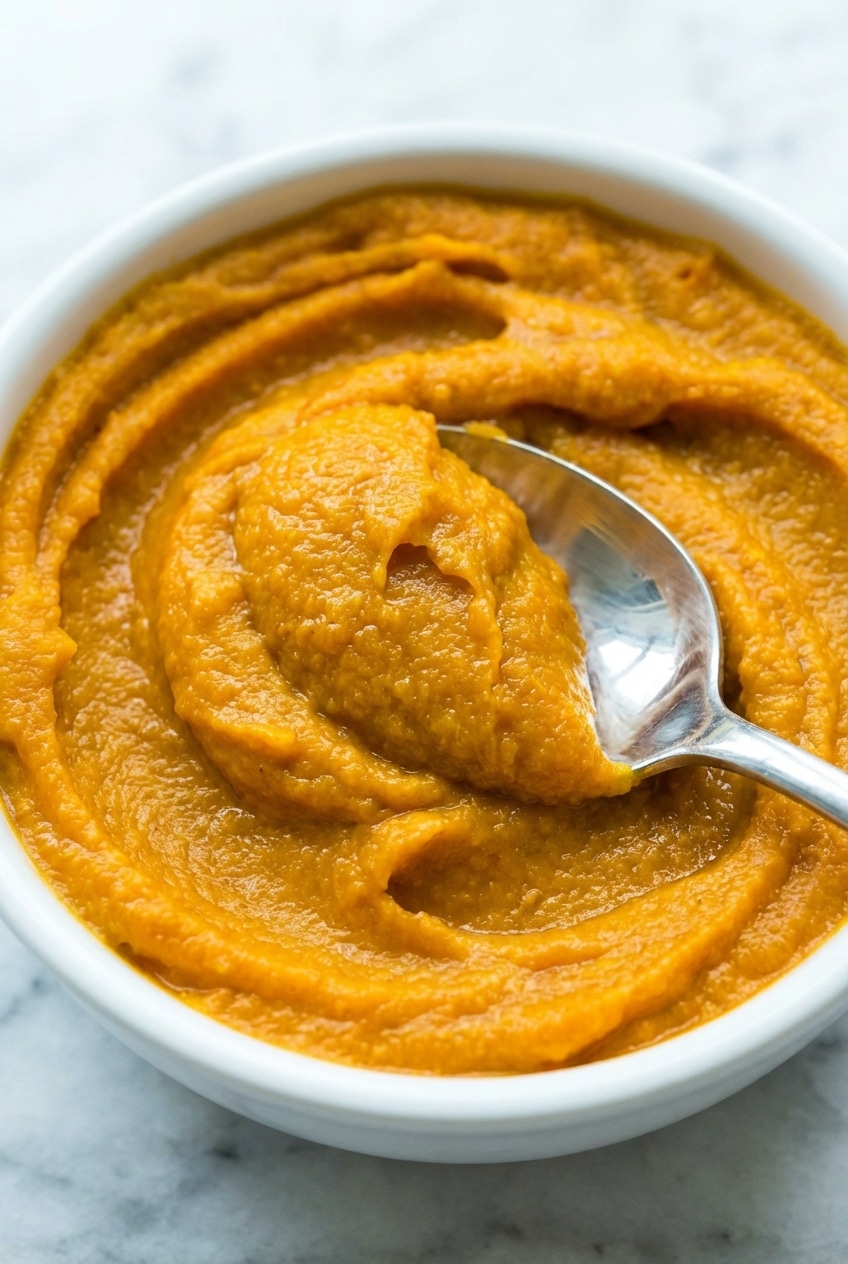 Close-up of thick pumpkin puree showing the fine, smooth consistency achieved with a food processor.