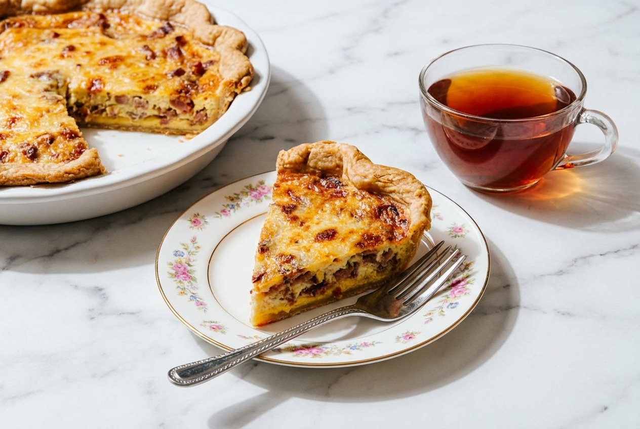 Golden Quiche Lorraine Recipe featuring a savory Dijon mustard layer under creamy custard and smoky lardons.