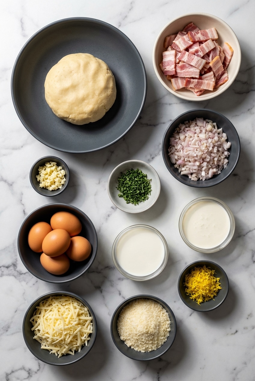 Raw ingredients for a Quiche Lorraine Recipe including smoky lardon, Gruyère AOP, eggs, and Dijon mustard.