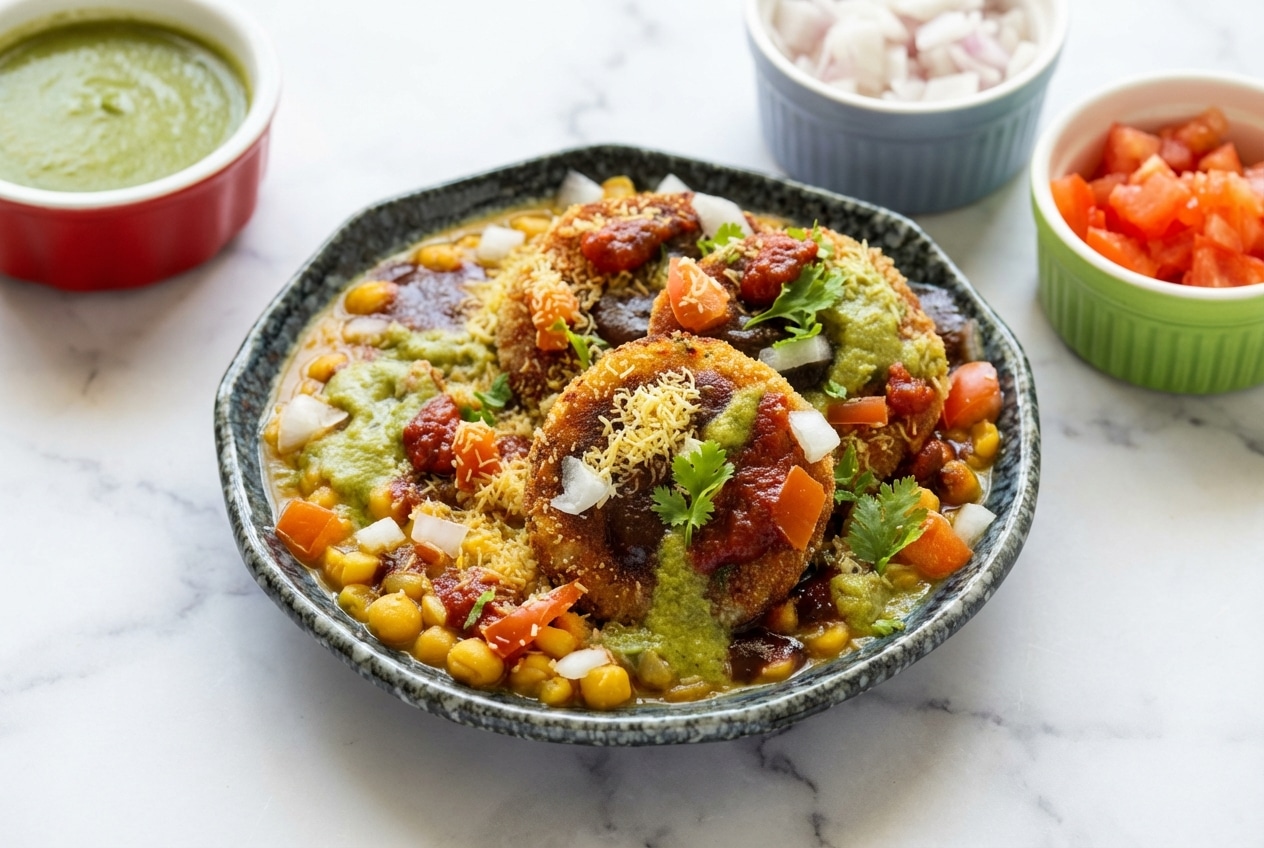 Golden brown ragda patties recipe featuring a double-crunch amchur crust topped with spicy white pea gravy and sev.