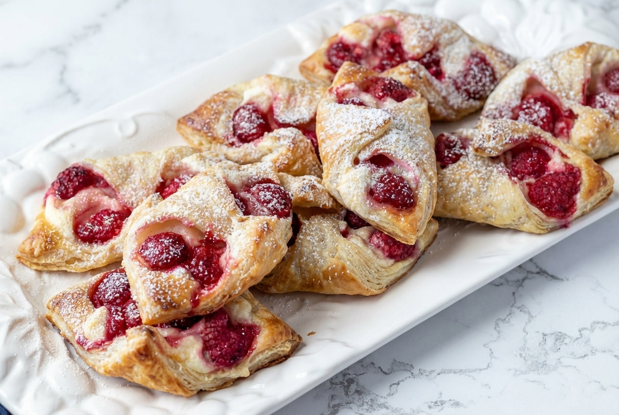 Golden Raspberry Cheese Danish with aromatic cardamom filling and a decorative fork-crimp double-seal.