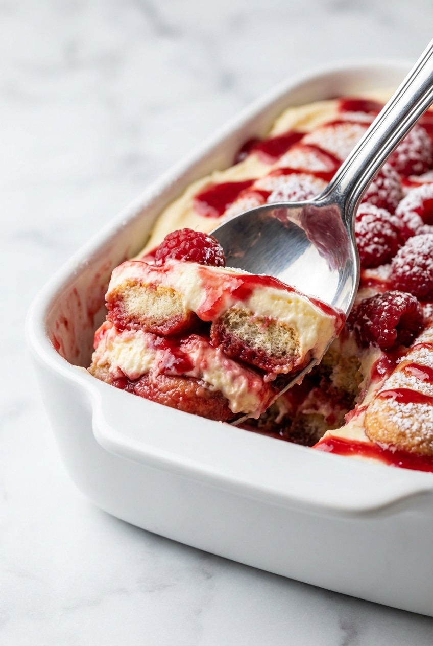 Cross-section of raspberry tiramisu showing the distinct red berry soak and thick mascarpone layers.