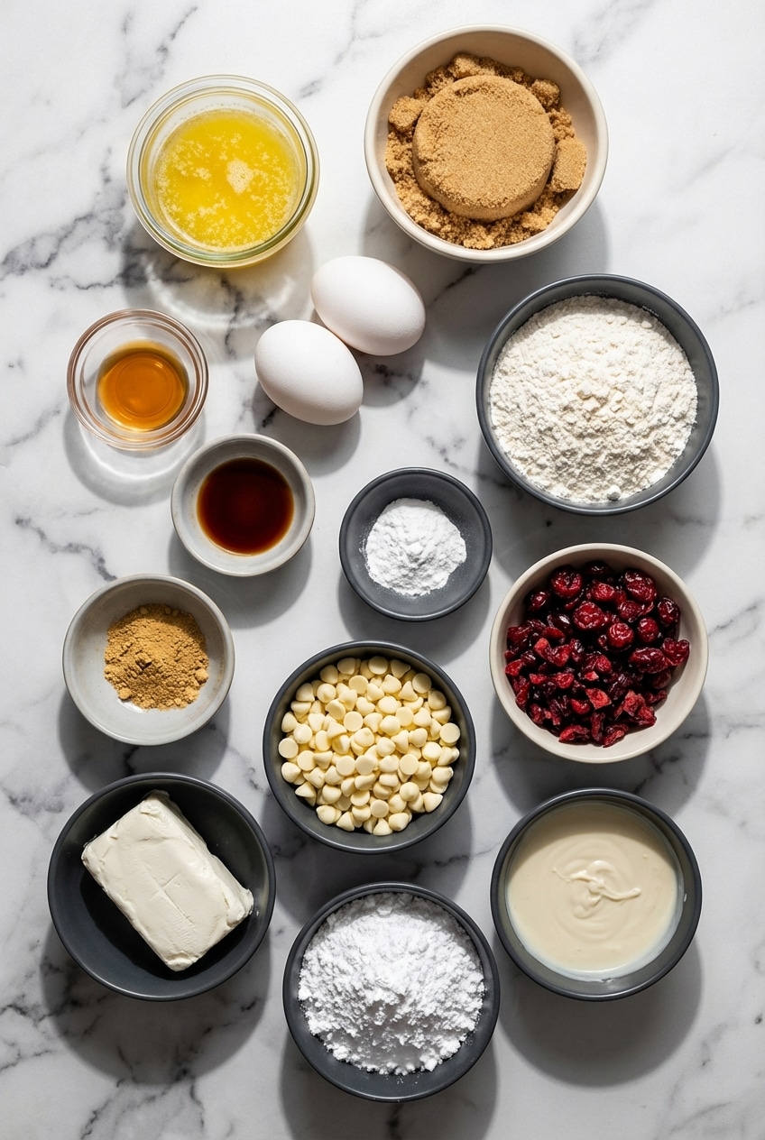 Ingredients for cranberry bliss bars recipe including brown sugar, dried cranberries, orange zest, and white chocolate chips.