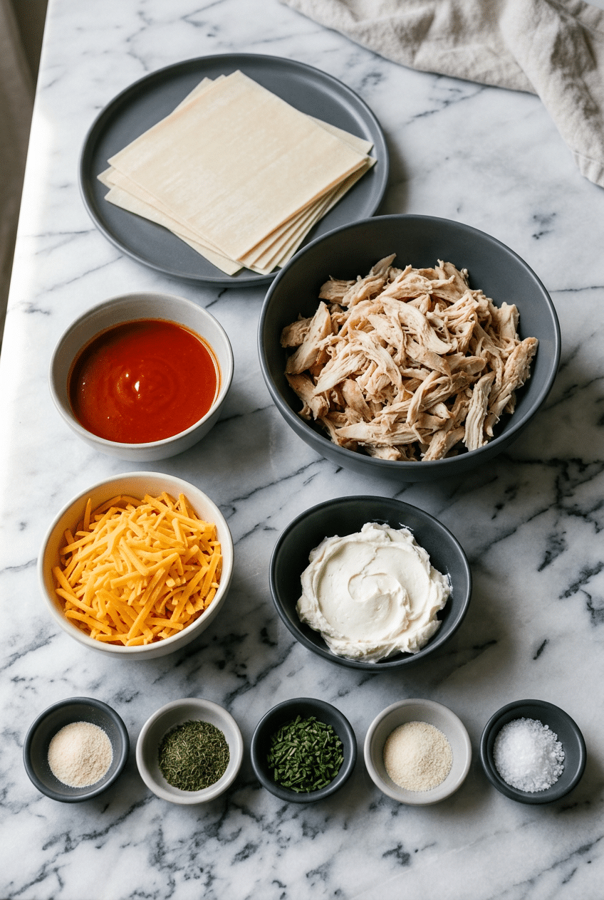 Flat lay of ingredients for air fryer buffalo chicken egg rolls, including rotisserie chicken, cream cheese, and hot sauce.
