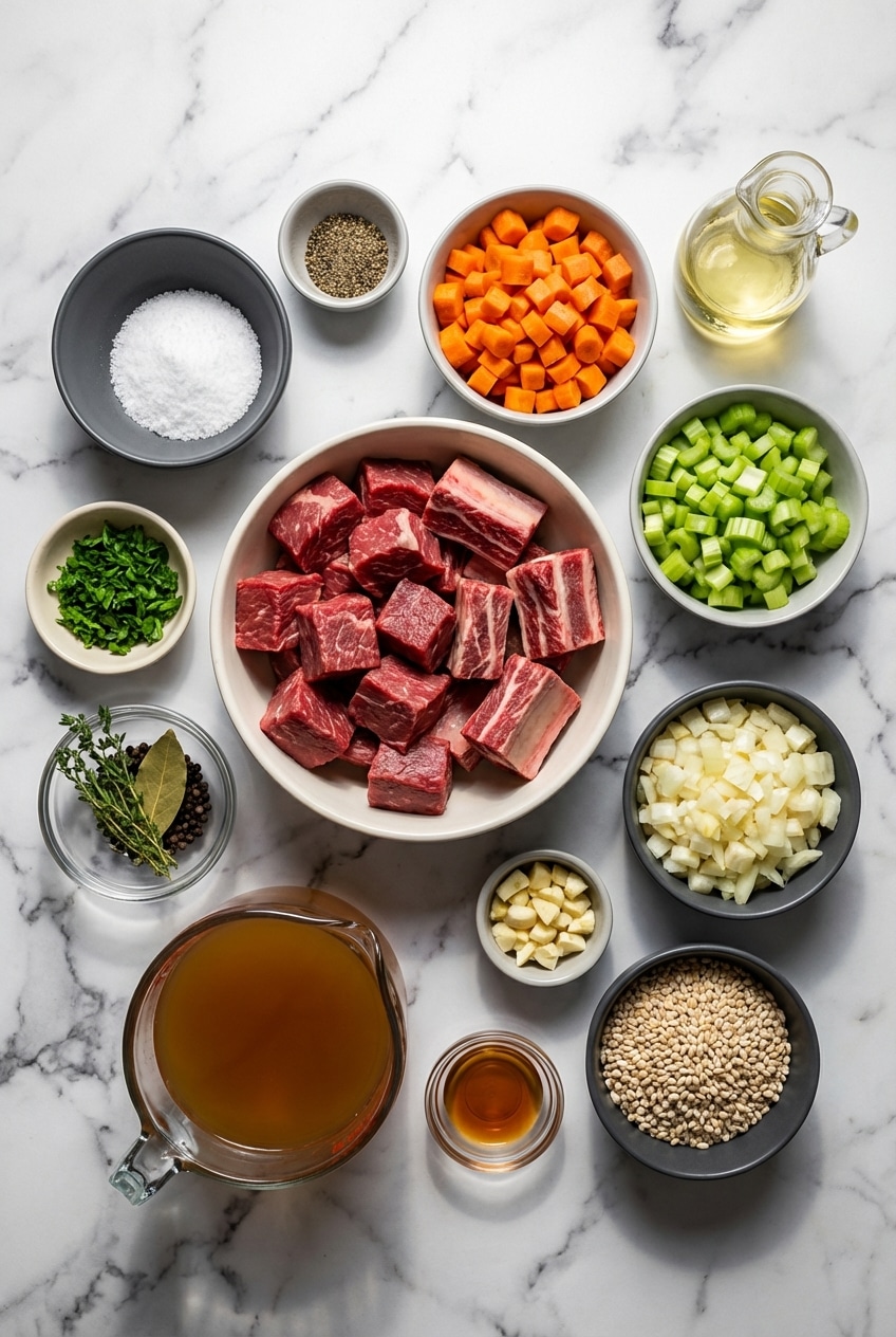 Flat lay of Beef Barley Soup ingredients including beef chuck roast, pearl barley, and a fresh mirepoix vegetable mix.