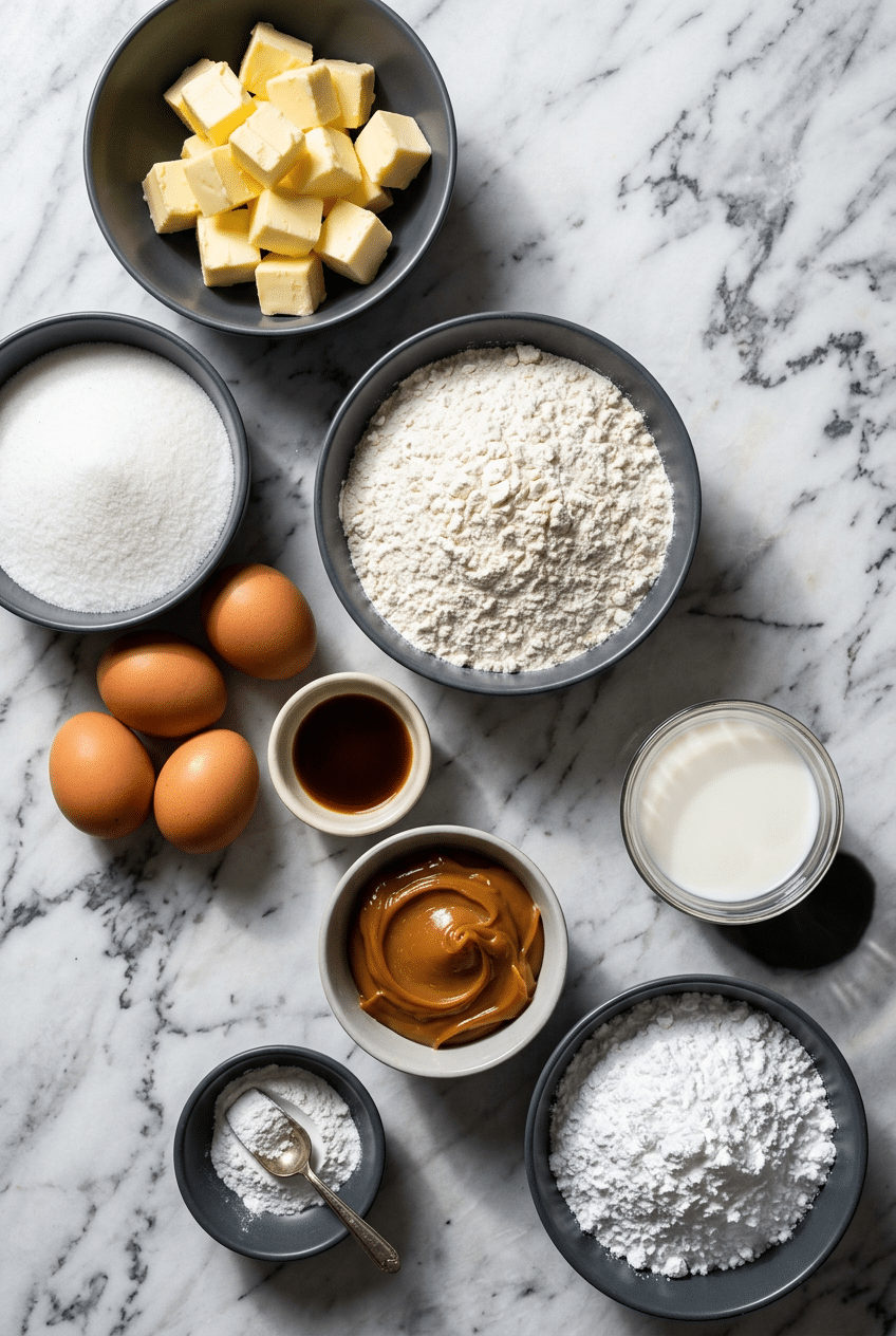 Flat lay of dulce de leche cake ingredients including unsalted butter, sweetened condensed milk, and confectioner's sugar.
