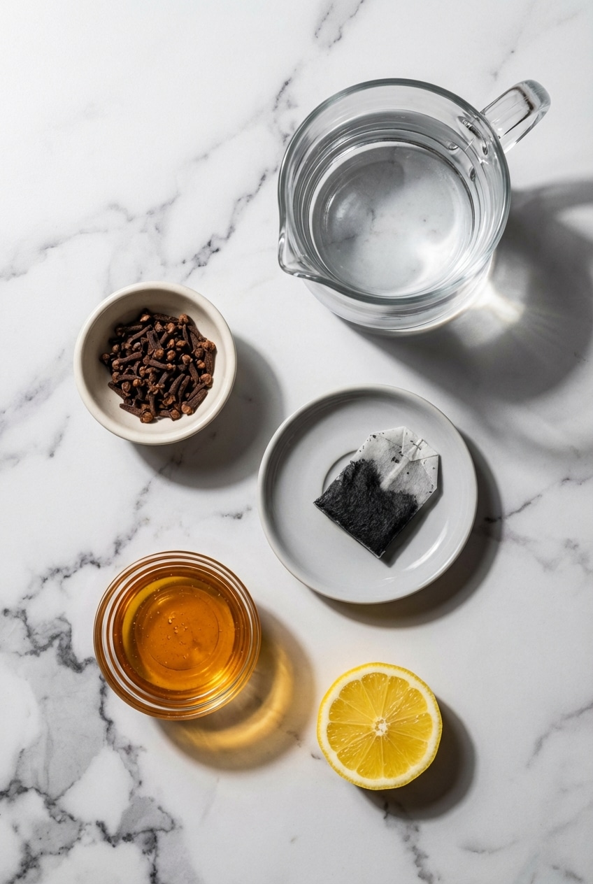 Overhead view of ingredients for a clove tea recipe, featuring whole cloves, fresh ginger, cinnamon sticks, and raw honey.