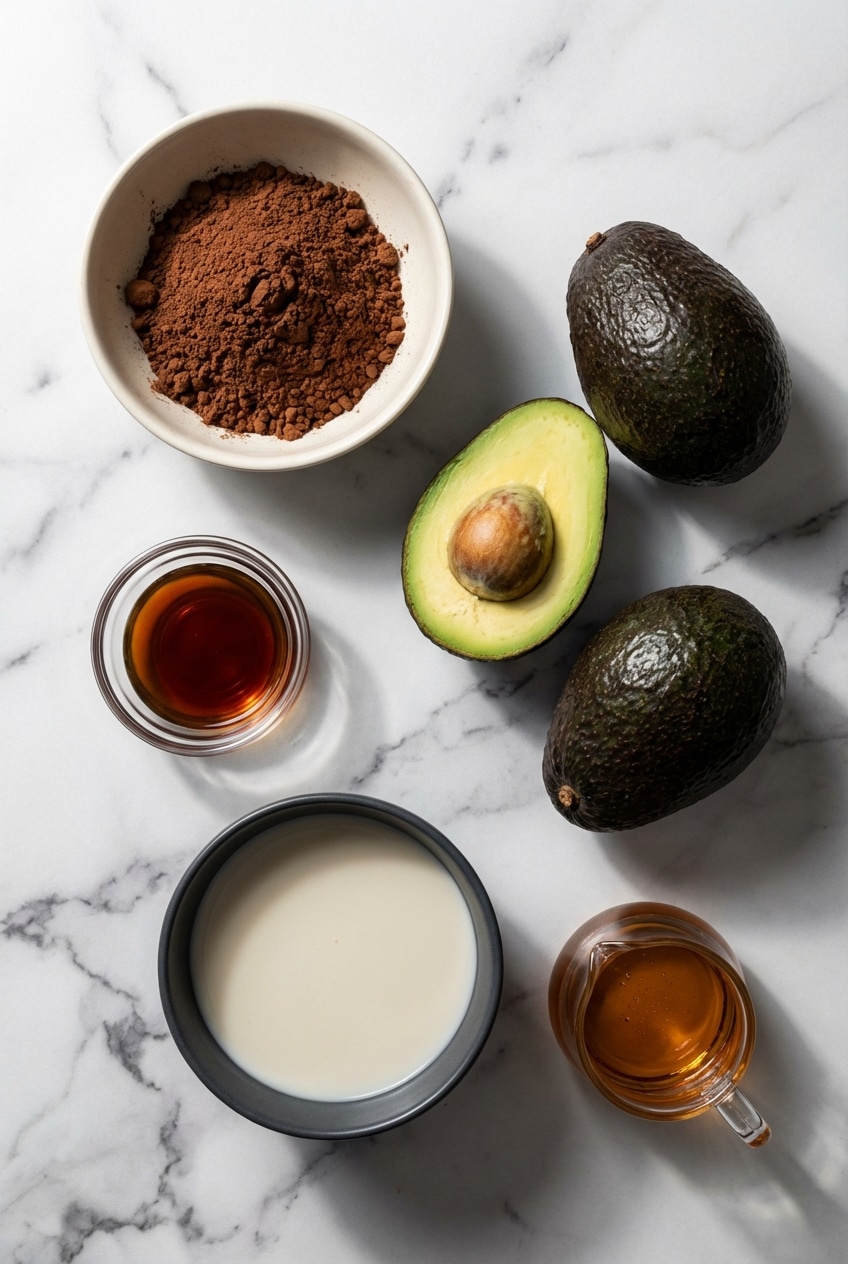 Flat lay of Chocolate Avocado Pudding ingredients including Hass avocado, raw cacao, maple syrup, and dark chocolate.