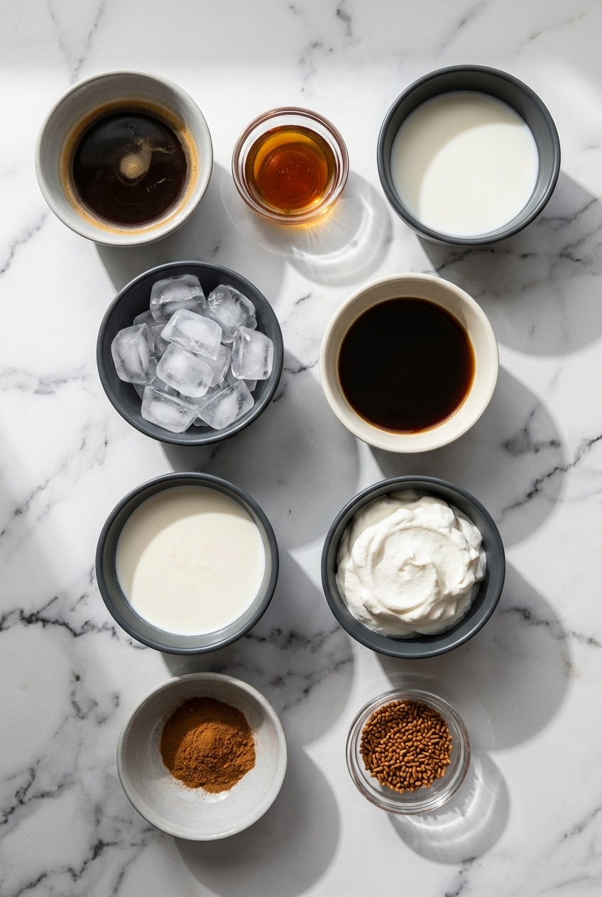 Overhead view of ingredients for a gingerbread latte recipe including espresso, blackstrap molasses, and pumpkin pie spice.