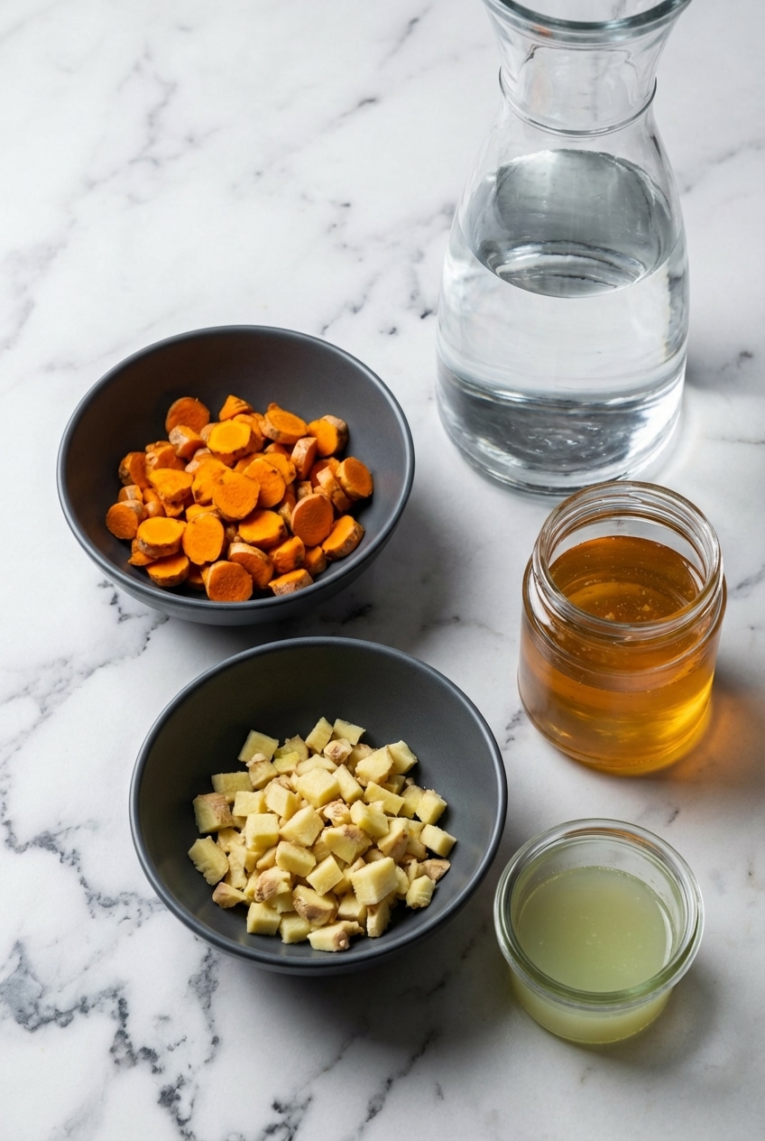 Fresh turmeric, ginger, tamarind, and coconut water for this jamu juice recipe ingredients flat lay.
