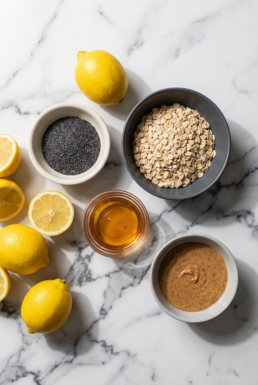 Flat lay of ingredients for Lemon Poppyseed Energy Bites, including almond flour, fresh lemon zest, and natural sweetener.