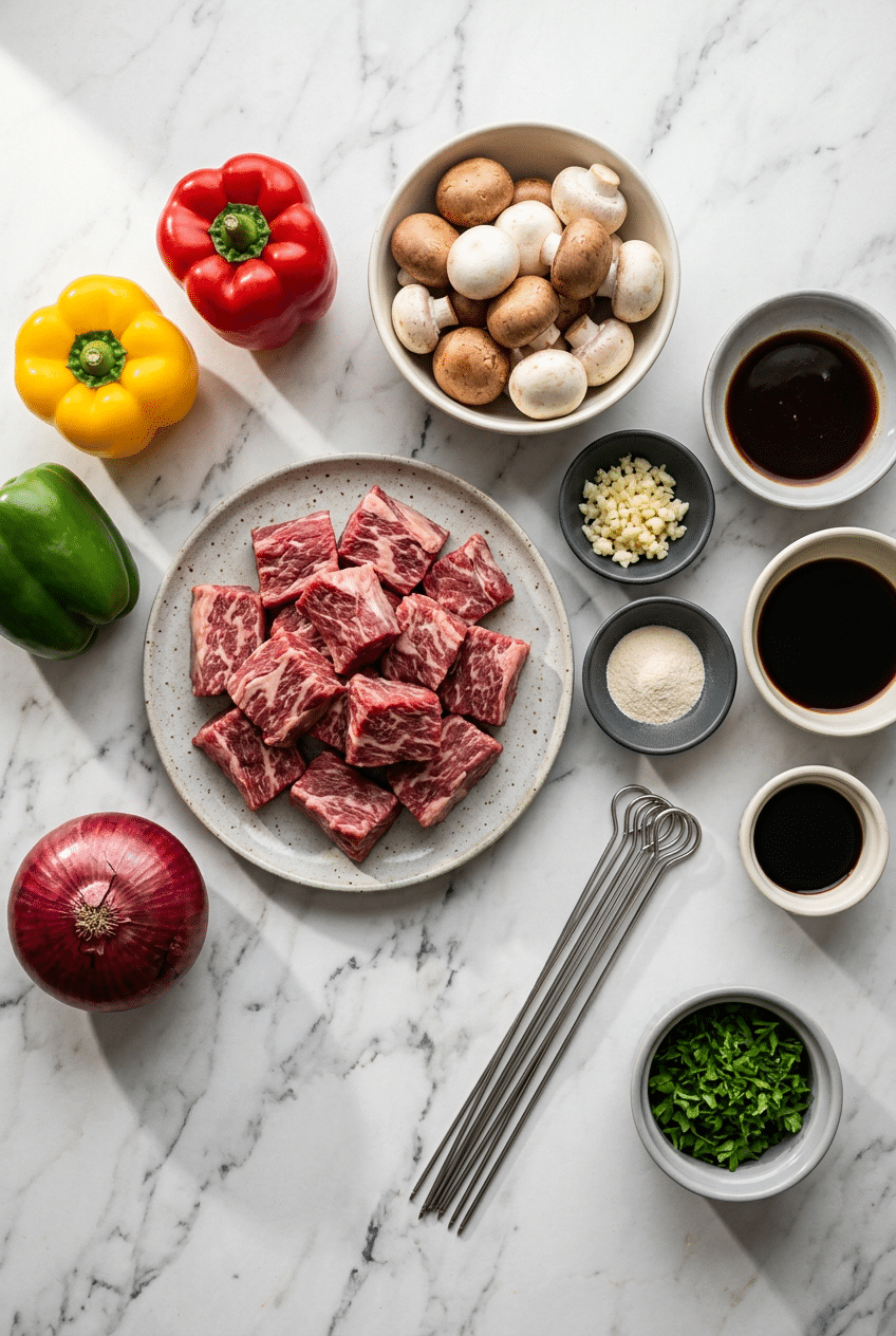 Raw ingredients for Marinated Steak Kabobs including sirloin steak tips, soy sauce, bell peppers, and cremini mushrooms.