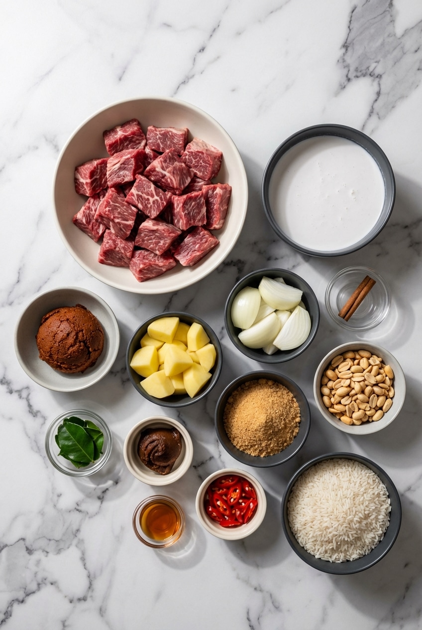 Overhead view of massaman curry recipe ingredients including beef chuck, coconut milk, and cardamom pods.
