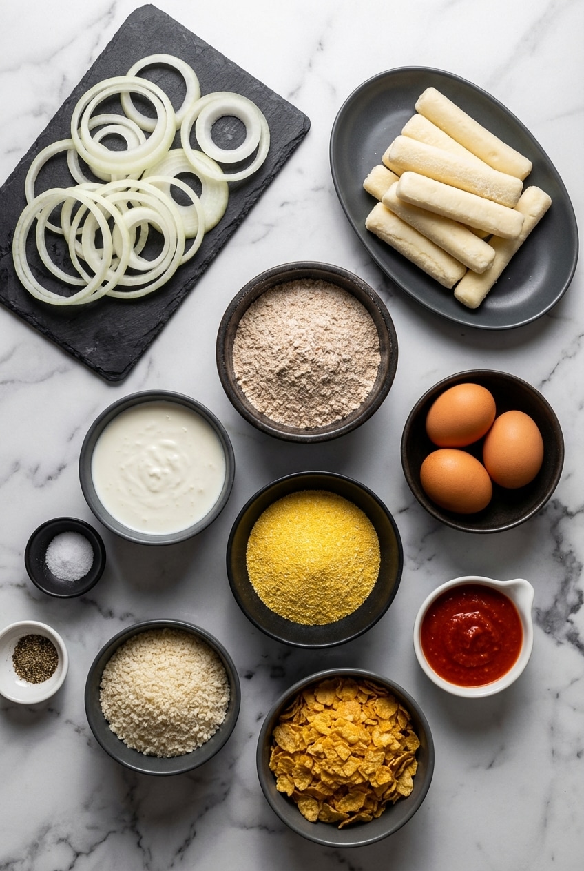 Overhead view of ingredients for mozzarella stick onion rings including Vidalia onion slices, string cheese, and crushed spicy chips.