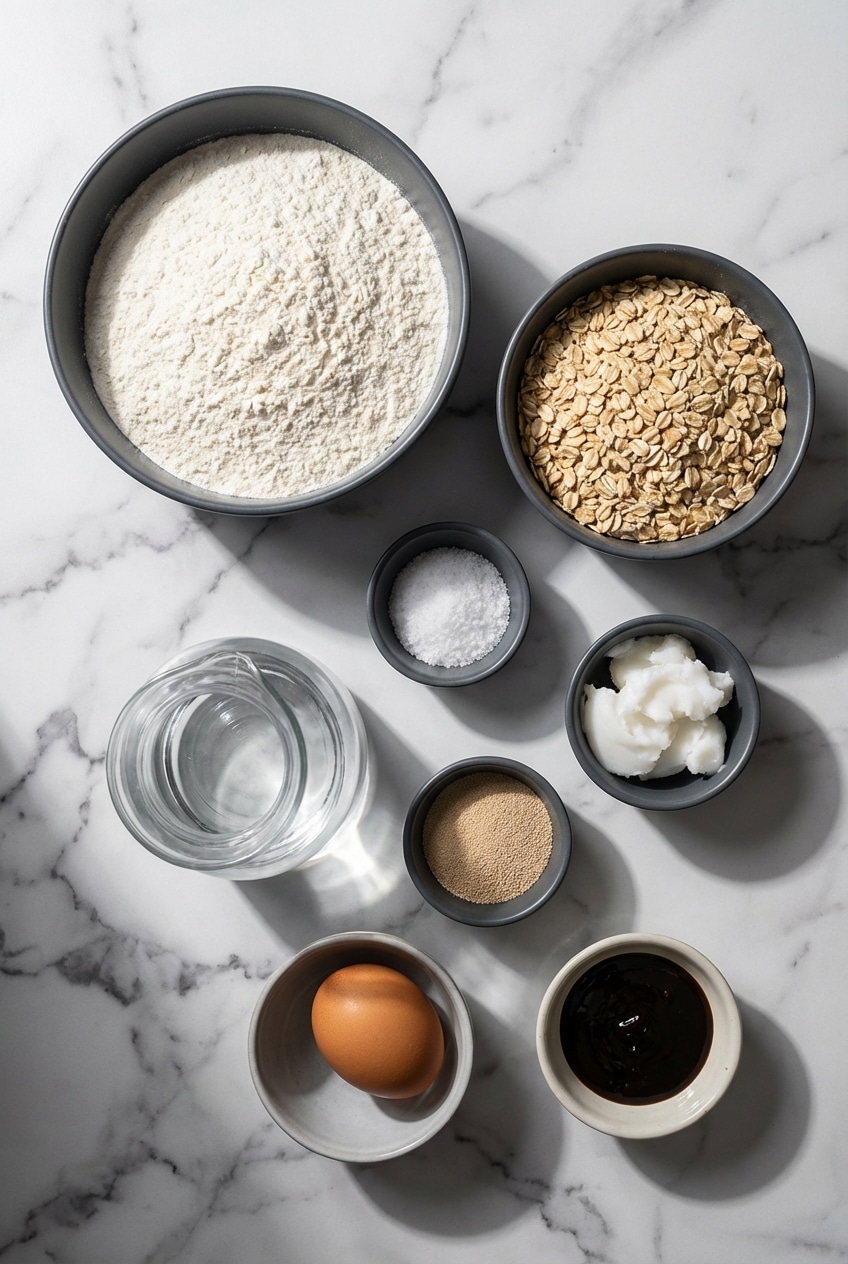 Overhead view of rolled oats, bread flour, molasses, and active dry yeast for homemade oatmeal bread.