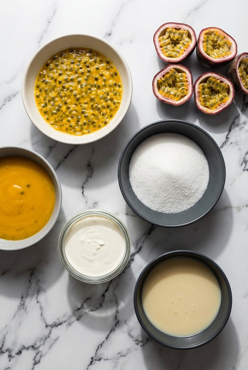 Overhead view of ingredients for Passion Fruit Ice Cream including passion fruit pulp, sweetened condensed milk, and sea salt.