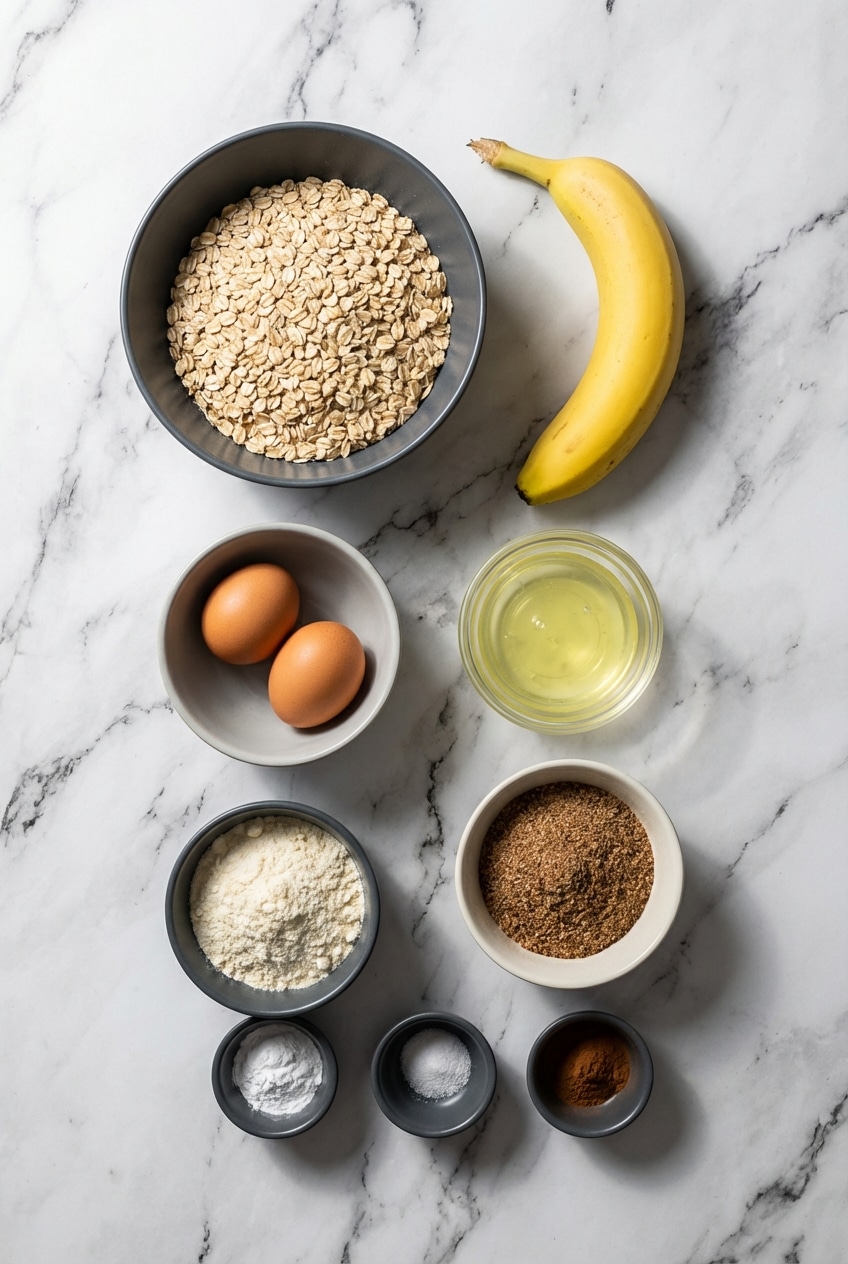 Flat lay of protein pancakes ingredients including rolled oats, whey protein isolate, and baking powder.