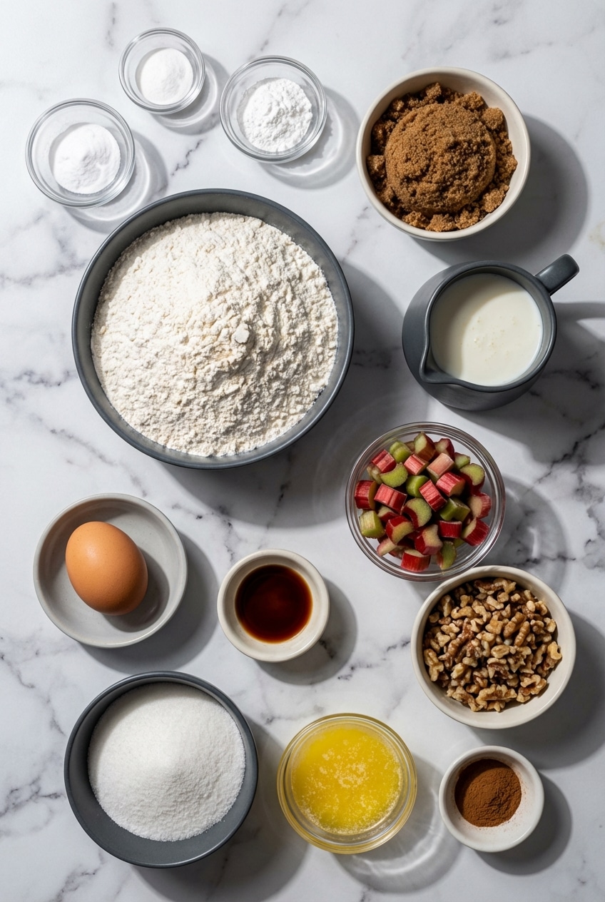 Flat lay of ingredients for rhubarb muffins including fresh rhubarb stalks, buttermilk, brown sugar, and toasted pecans.