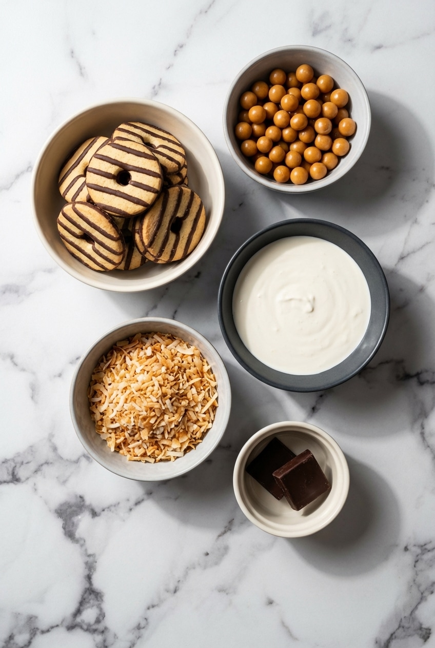 Flat lay of ingredients for No Bake Samoa Cookies including Medjool dates, toasted coconut, and almond butter.