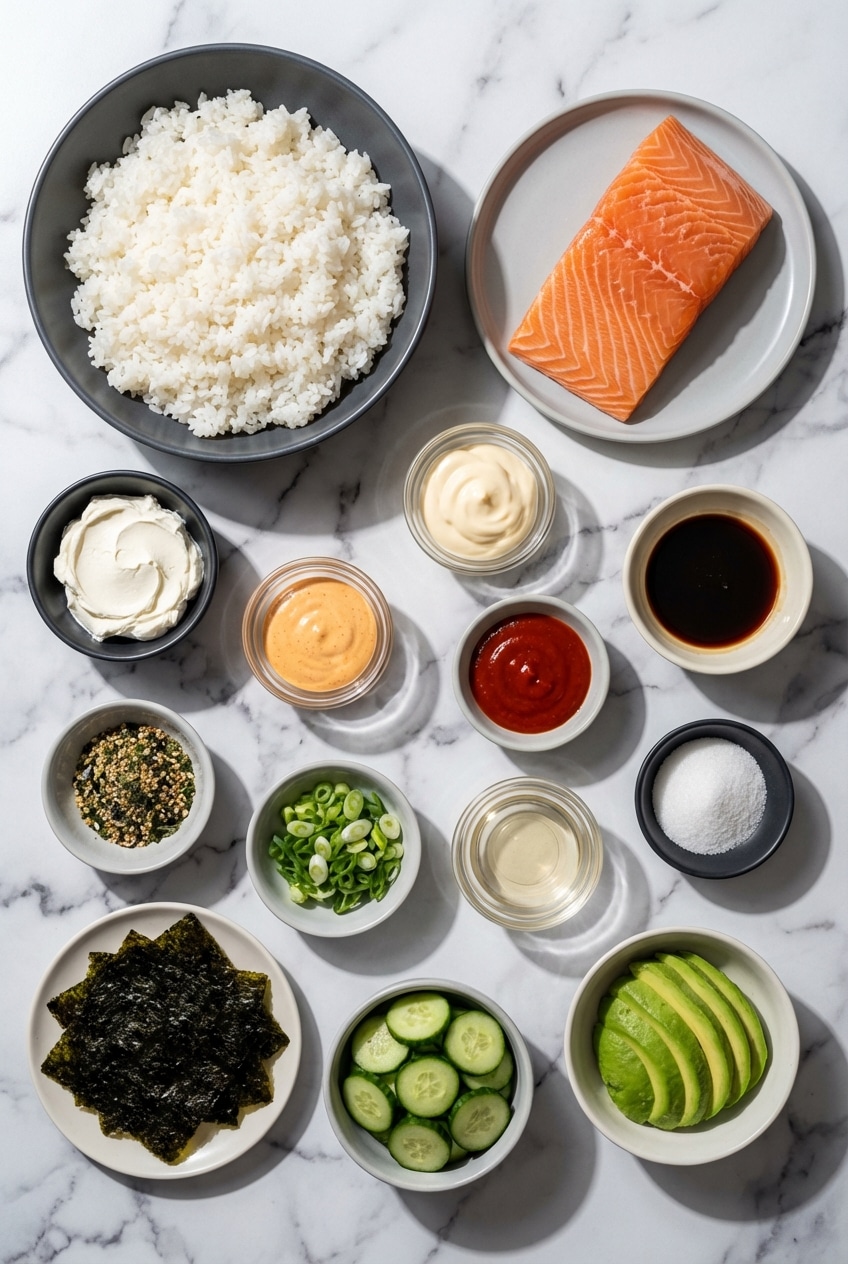 Flat lay of Spicy Salmon Sushi Bake ingredients including Atlantic salmon, short-grain sushi rice, Kewpie mayonnaise, and Nori.