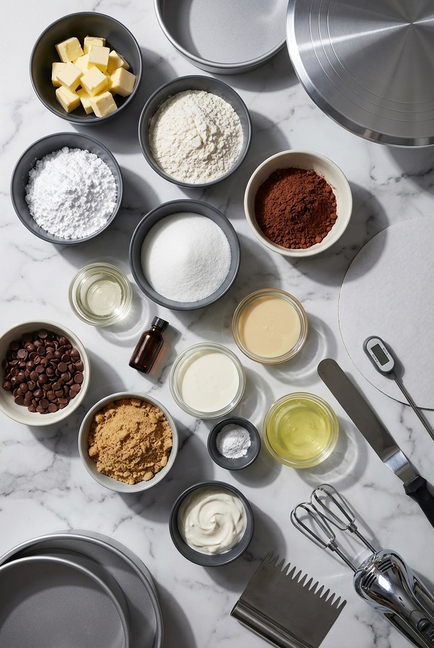 Overhead view of twix cake ingredients including sweetened condensed milk, butter for shortbread, and chocolate.