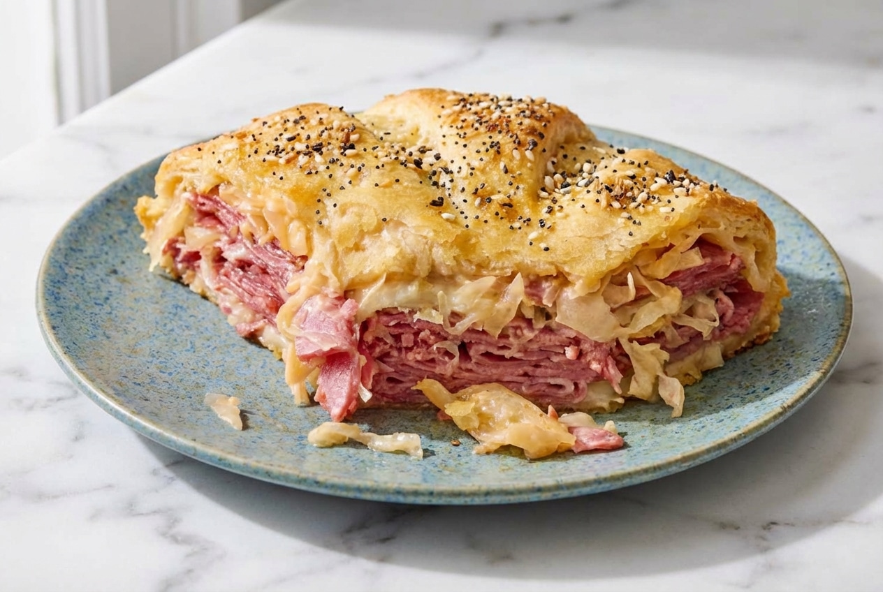 Golden reuben crescent bake topped with everything bagel seasoning and melted caraway-garlic butter.