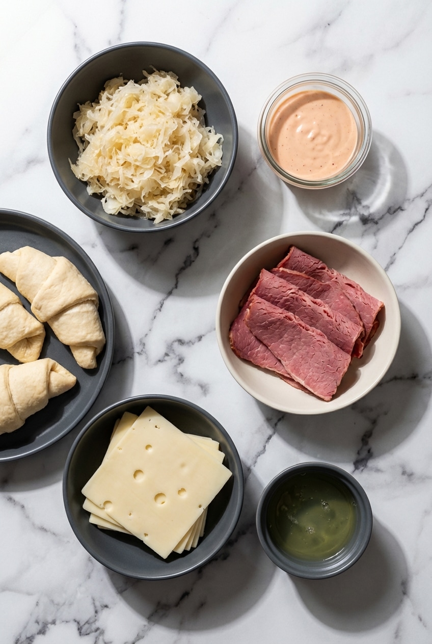 Flat lay of reuben crescent bake ingredients including corned beef, Swiss cheese, sauerkraut, and crescent roll dough.