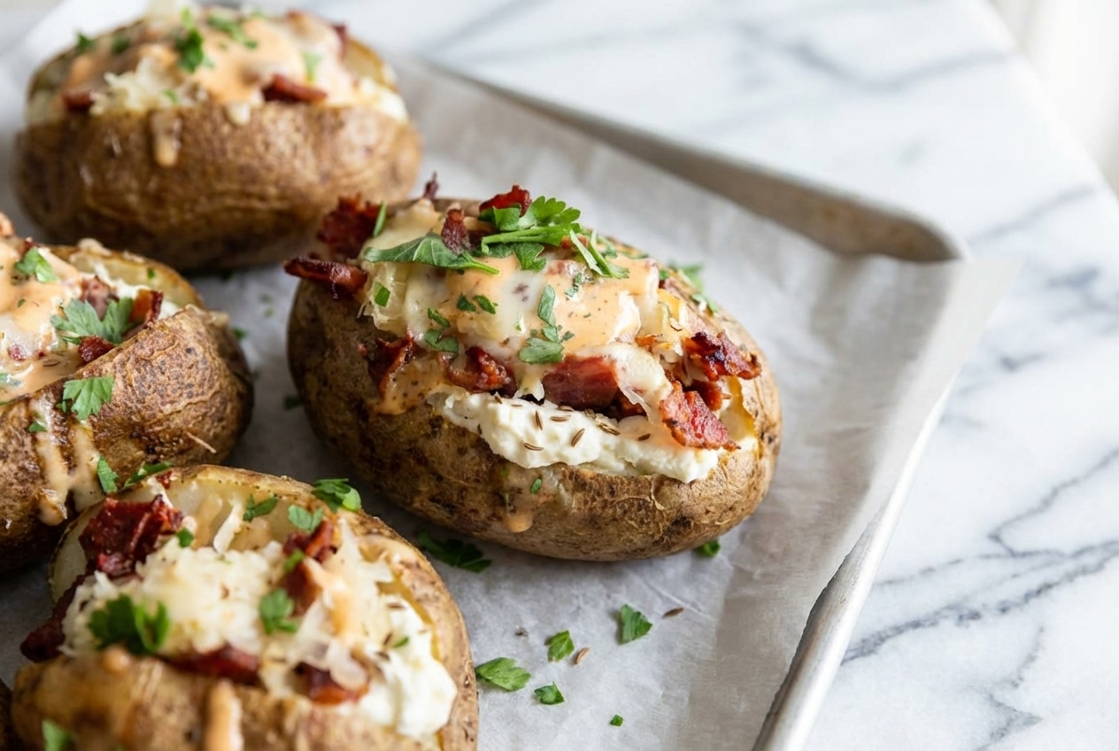 Reuben Stuffed Baked Potatoes topped with corned beef, dry pressed sauerkraut, and melted Swiss over a creamy caraway filling.