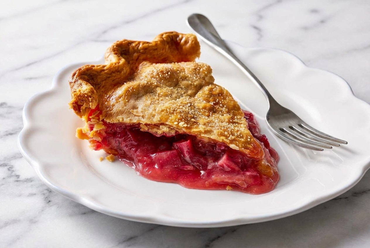 Golden rhubarb pie with a lattice crust featuring ginger-infused sugar and browned butter accents.