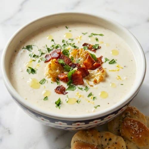 Creamy roasted cauliflower soup finished with a bright squeeze of lemon juice and white wine glaze.