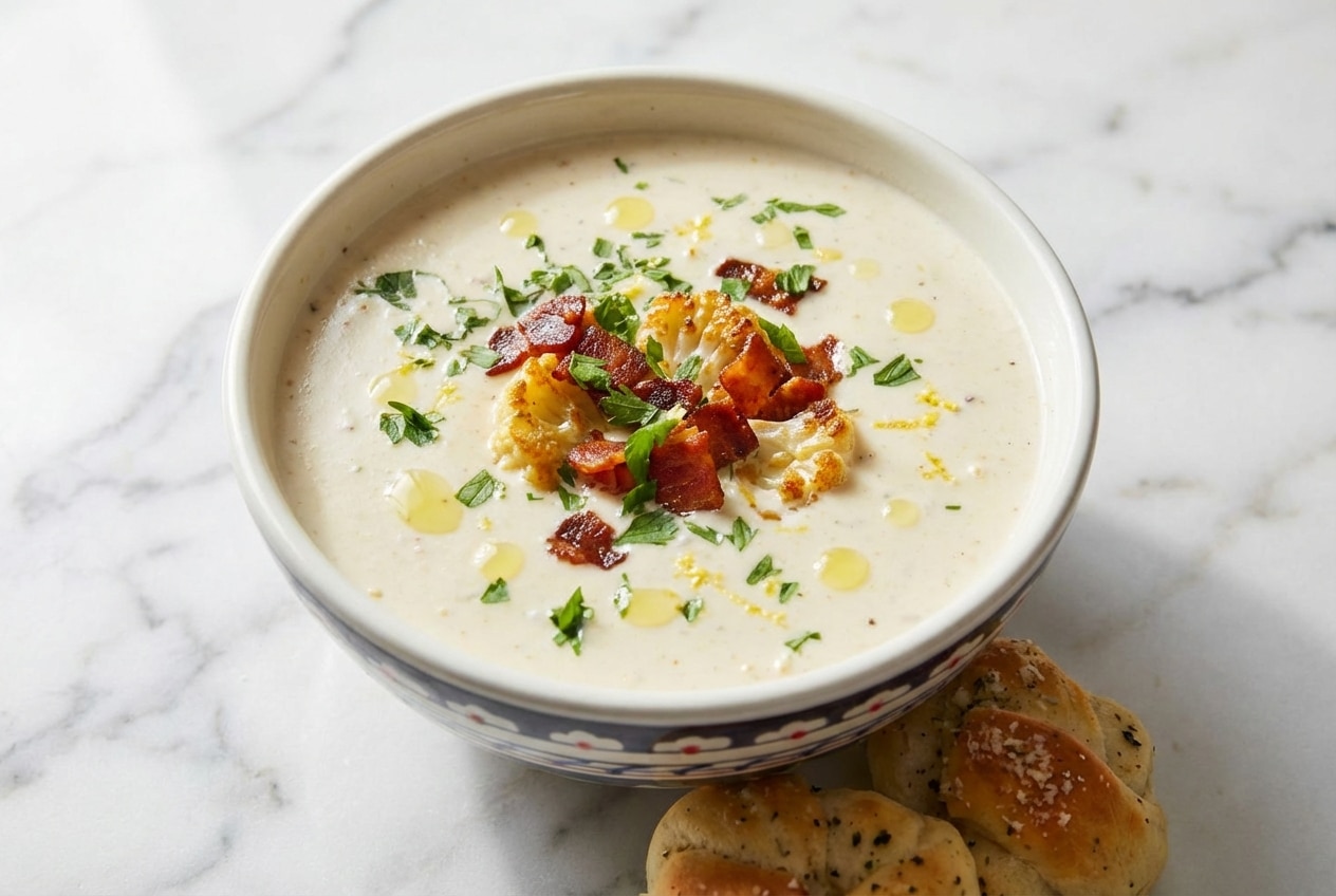 Creamy roasted cauliflower soup finished with a bright squeeze of lemon juice and white wine glaze.