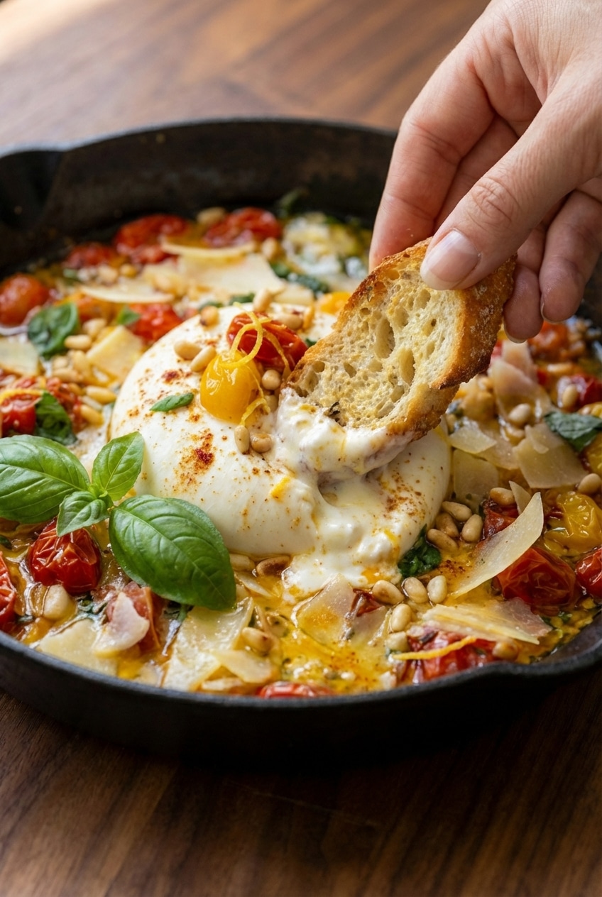 Blistered cherry tomatoes in a cast iron skillet for a smoky burrata appetizer.