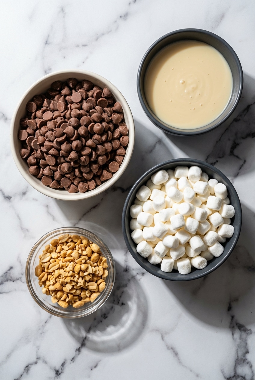 Raw ingredients for rocky road fudge including semi-sweet chocolate chips, sweetened condensed milk, and peanuts.