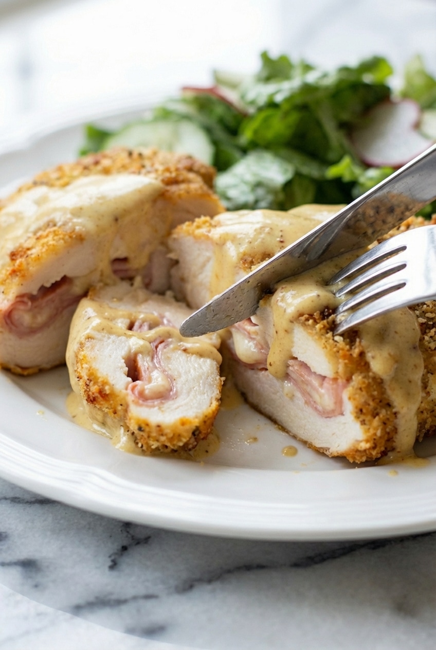 Close-up of a tightly rolled Chicken Cordon Bleu secured with toothpicks to keep the ham and cheese filling intact.