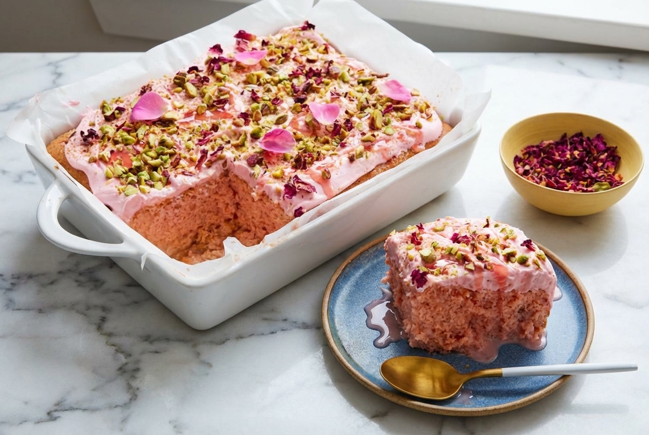 Slices of rose milk cake soaked in a double-rose cold infusion topped with whipped cream and dried petals.