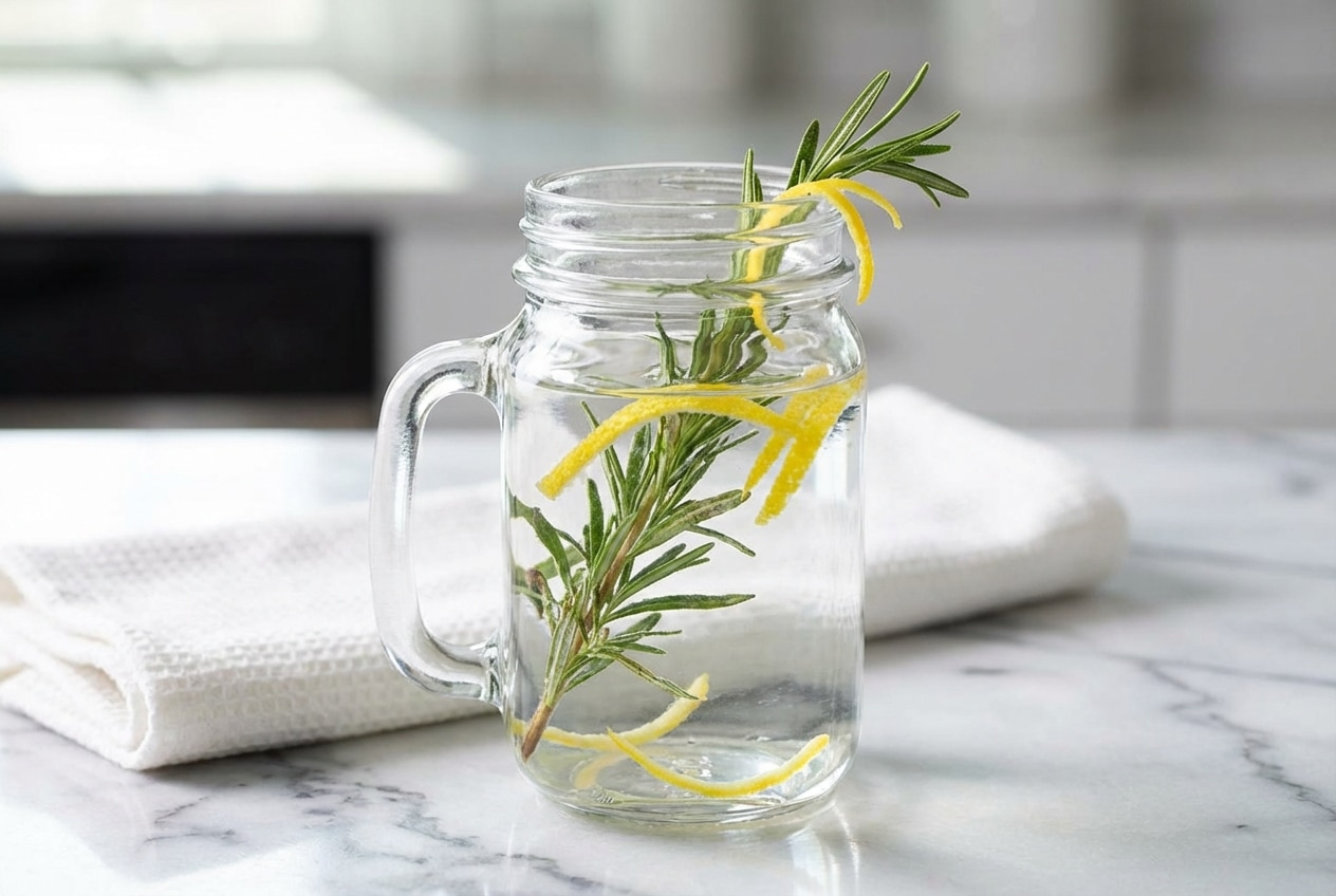 Steaming glass mug of our rosemary tea recipe, featuring bruised fresh sprigs and water infused with bright lemon zest.