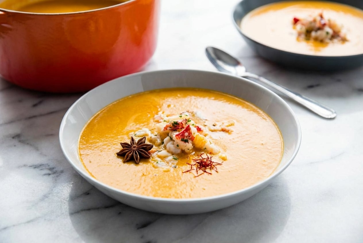 Creamy lobster bisque recipe bowl garnished with fresh herbs, infused with aromatic saffron and star anise.