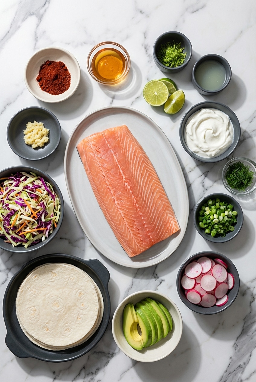 Raw wild-caught salmon, pepitas, chipotle chile powder, and Greek yogurt arranged for salmon tacos.