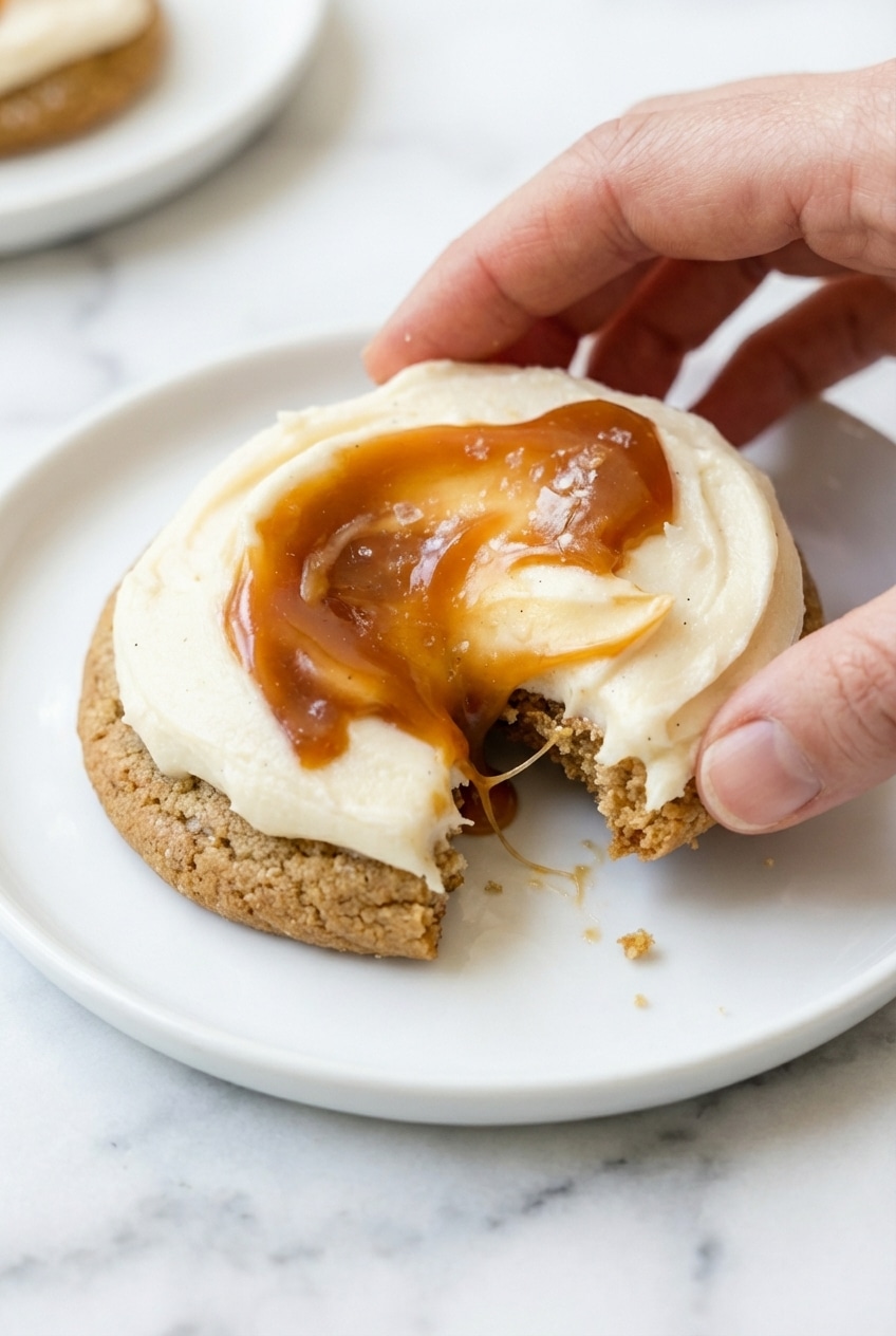Close-up of Salted Caramel Cheesecake Cookies showing the golden Maillard reaction and soft, cornstarch-aided crumb.