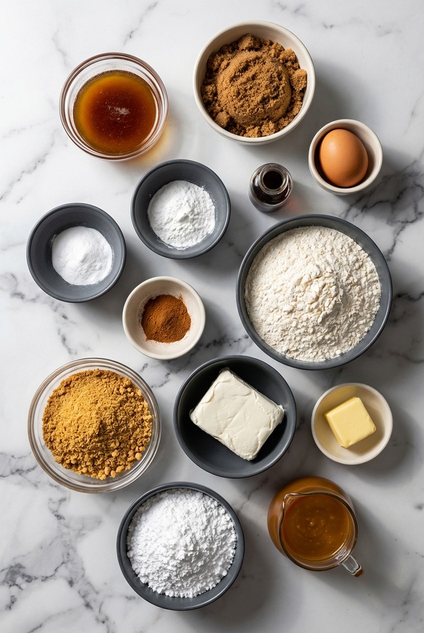 Baking ingredients for Salted Caramel Cheesecake Cookies featuring brown butter, vanilla bean paste, and sea salt flakes.