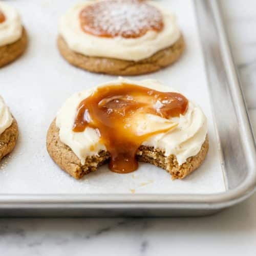 Thick Salted Caramel Cheesecake Cookies with cream cheese frosting and a 30-minute chilled dough texture.