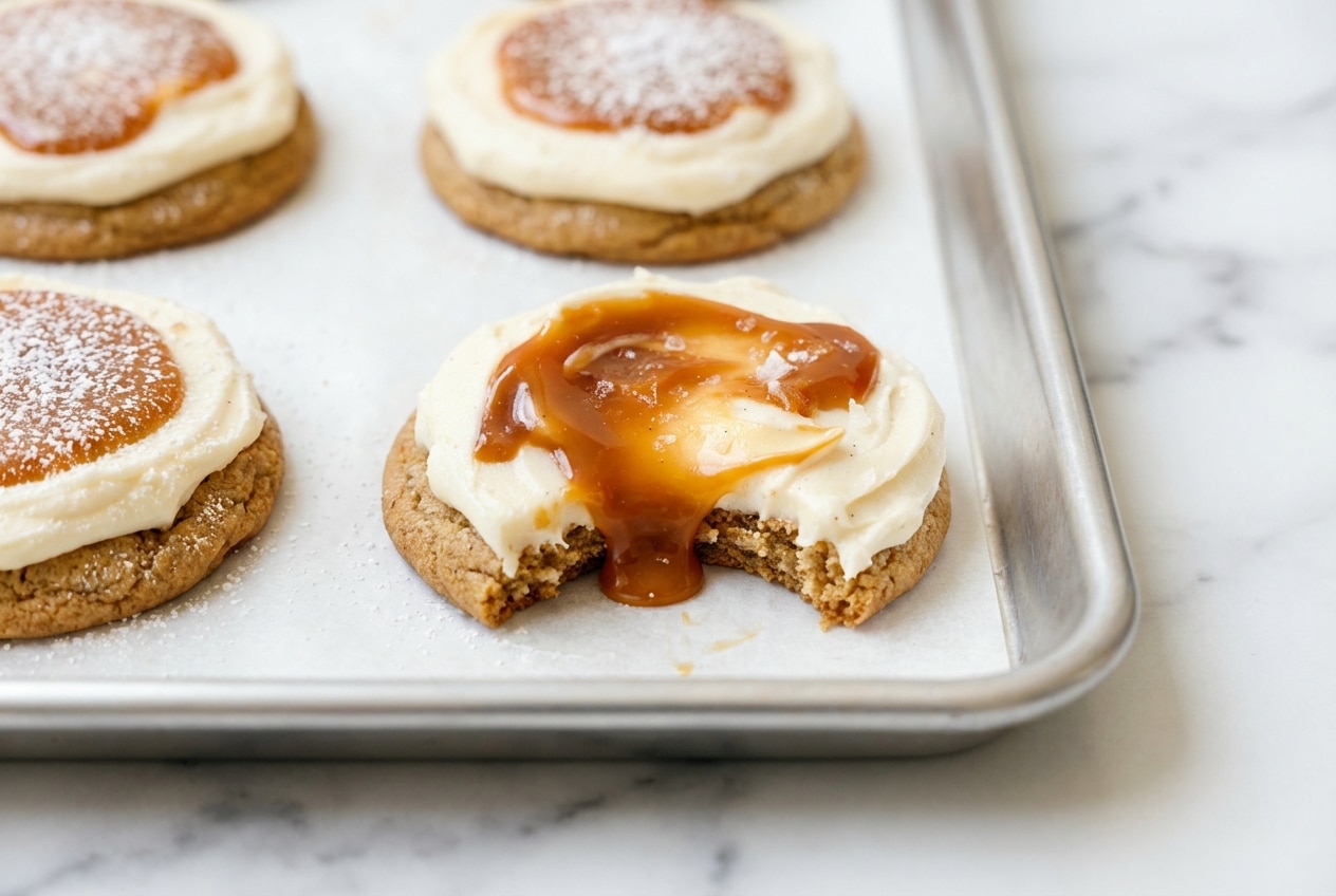 Thick Salted Caramel Cheesecake Cookies with cream cheese frosting and a 30-minute chilled dough texture.