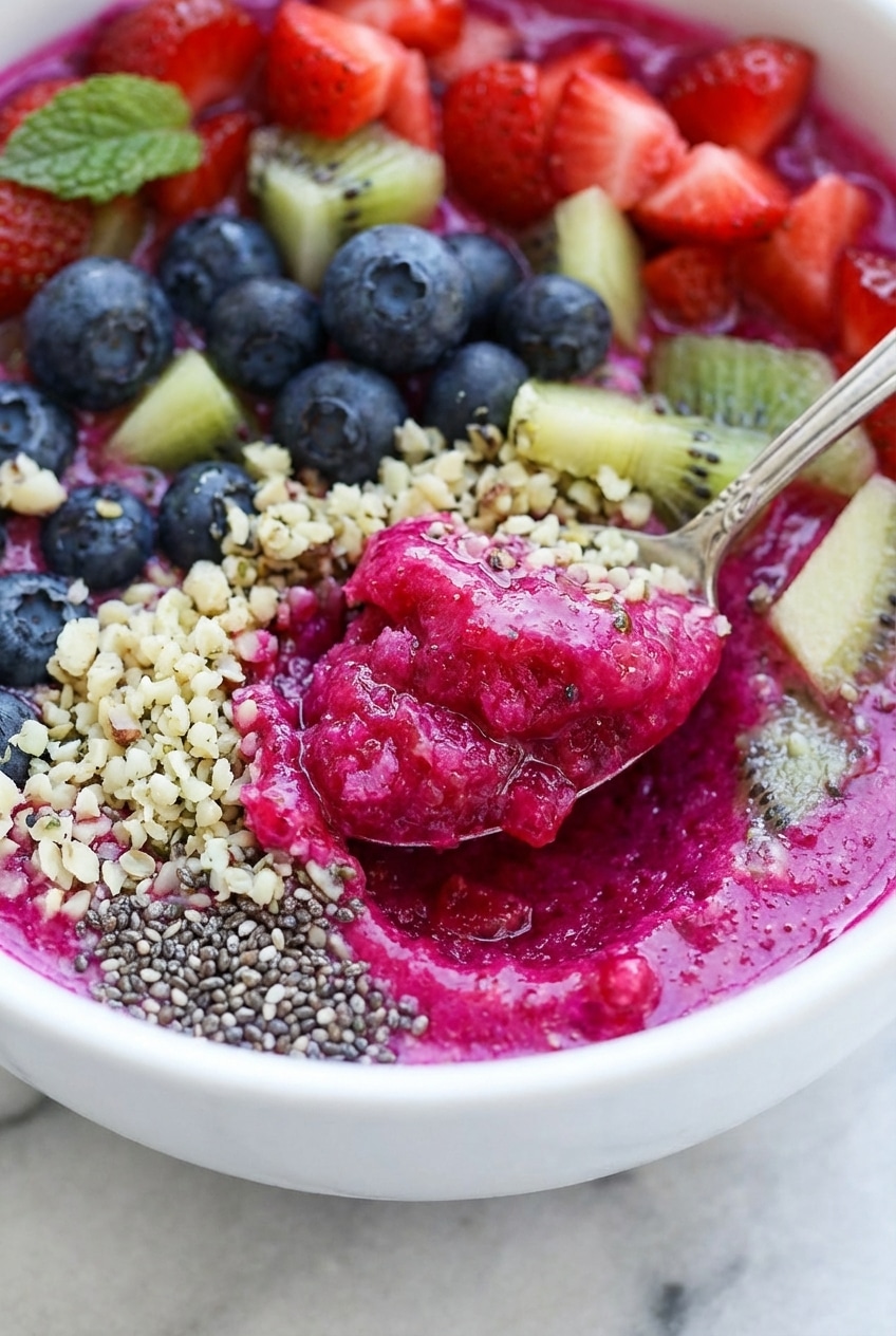 Close-up texture of thick pitaya bowls showing the smooth, velvety blend and crunchy granola topping.