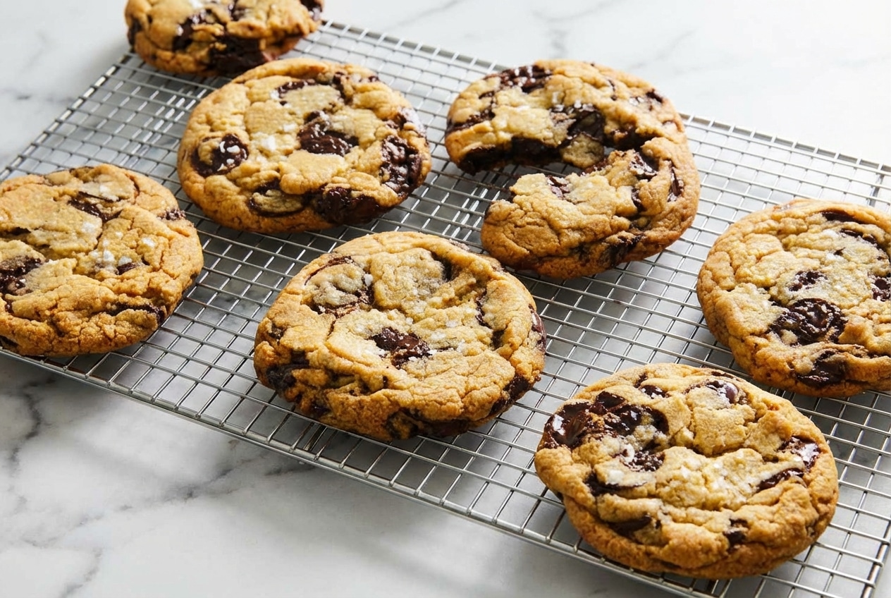 Golden brown sea salt chocolate chip cookies stacked on a plate showing the thick texture achieved by the pre-scoop aging technique.