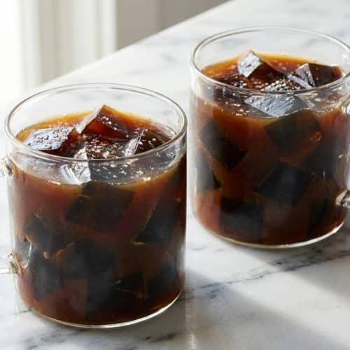 Creamy coffee jelly drink recipe with sea-salted brown sugar milk and dark gelatin cubes.