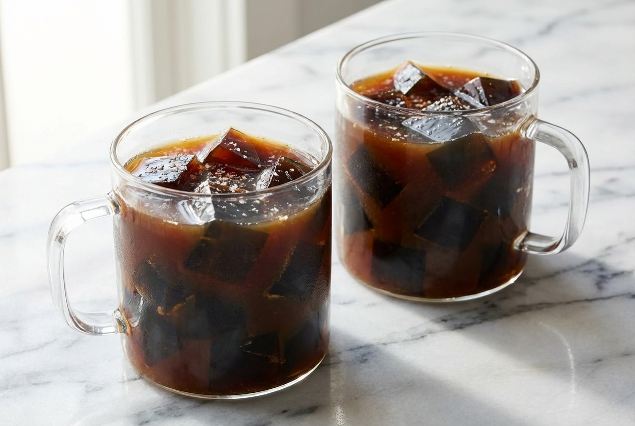 Creamy coffee jelly drink recipe with sea-salted brown sugar milk and dark gelatin cubes.