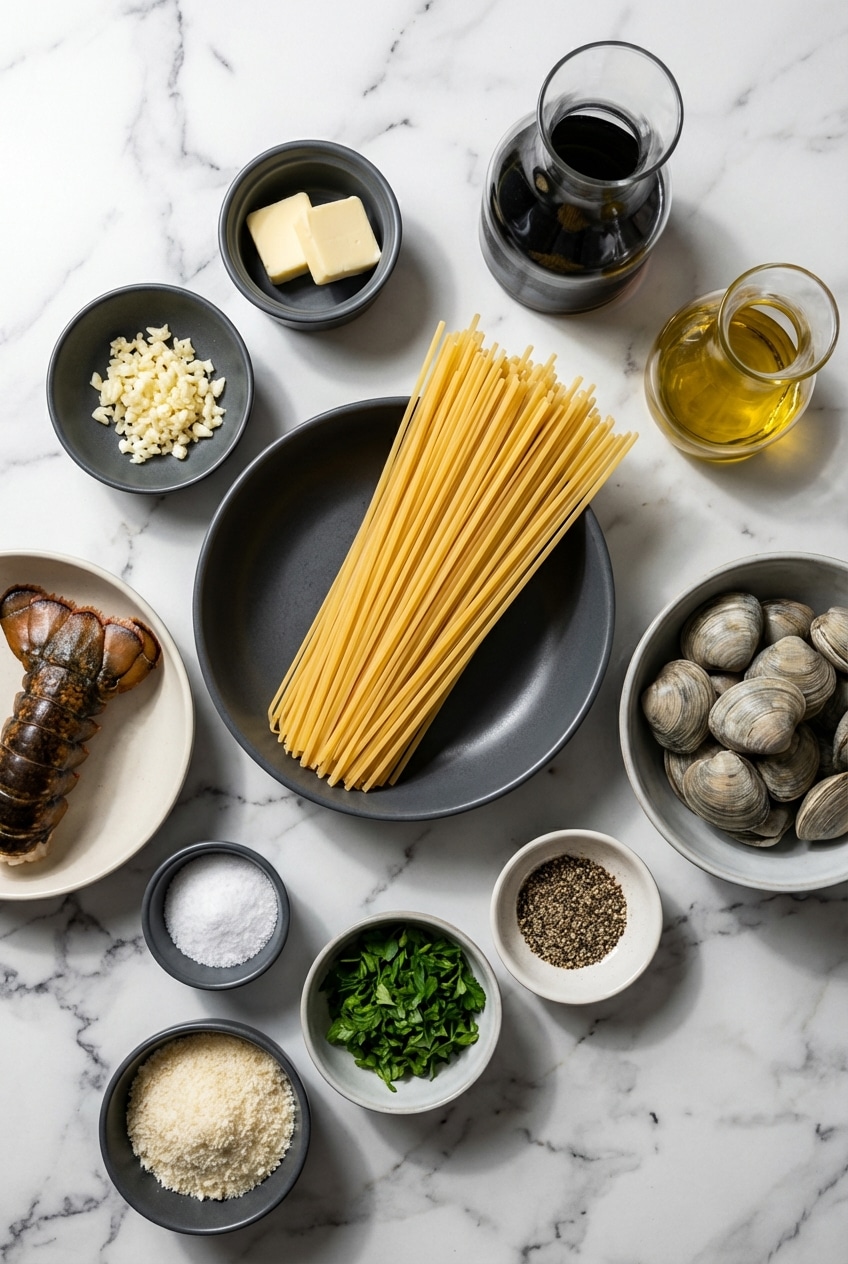 Flat lay of seafood pasta ingredients featuring linguine, lobster tail, shrimp, scallops, and fresh garlic.