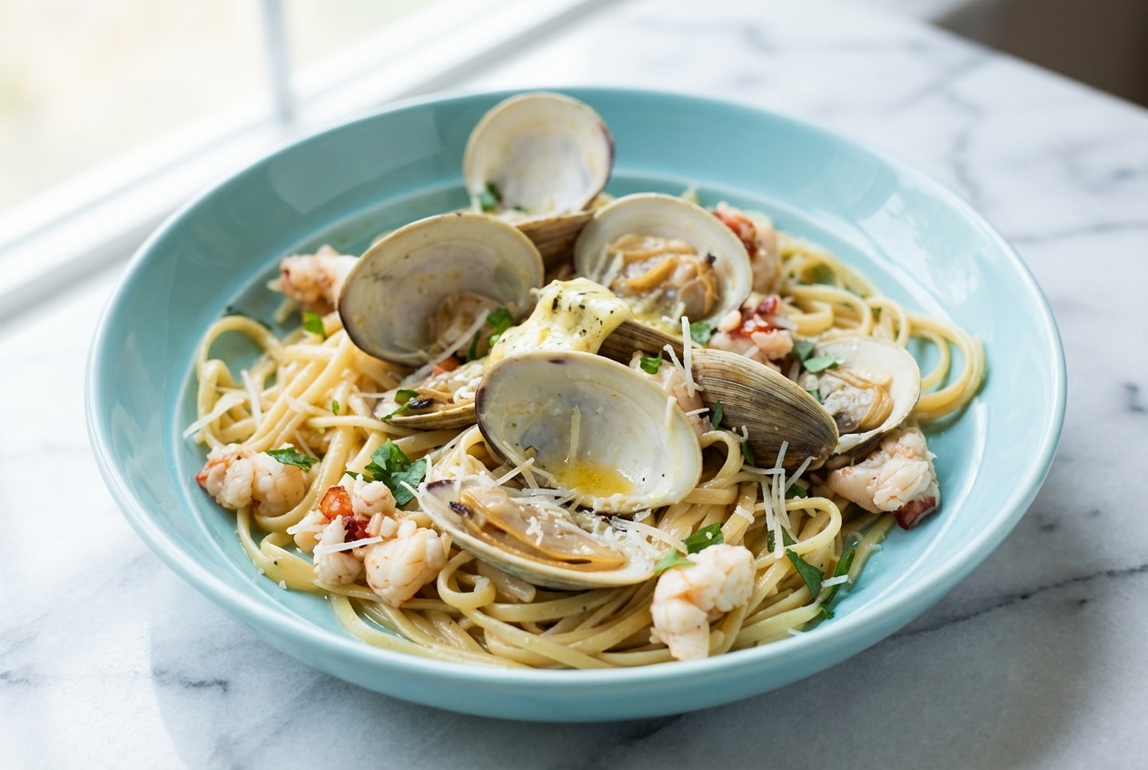 Linguine seafood pasta tossed in a glossy lemon-anchovy compound butter and starchy pasta water sauce.